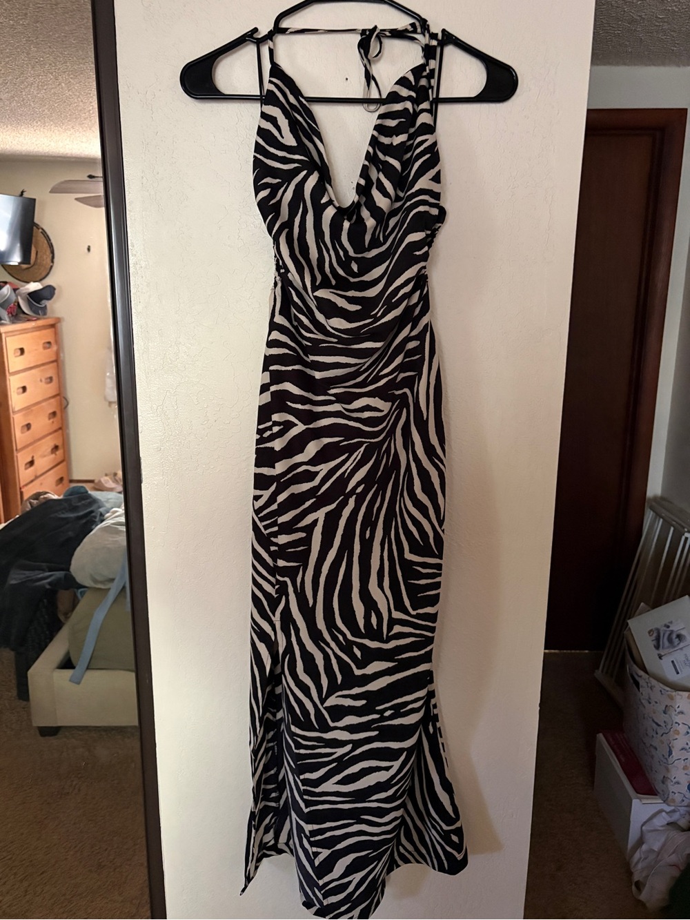 Black & White Zebra Halter Satin Cowl Neck Open Back Midi Dress
